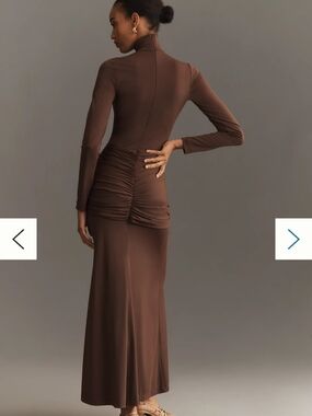 Long-Sleeve Brown Turtleneck Ruched Maxi Dress